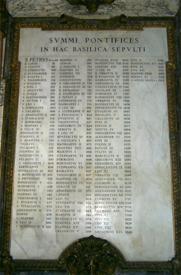 Here is the list of all of the past popes, starting with Saint Peter, in the hall of the popes - a small corridor that leads off from the basilica.