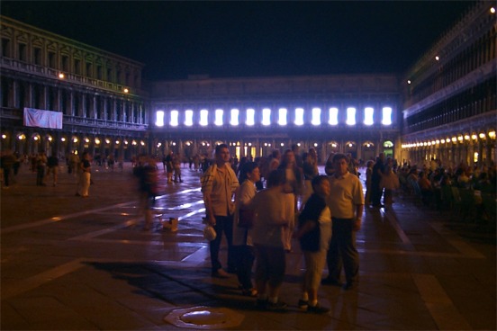 Piazza San Marco and the waterfall lights.  Because of the exposure time they just come out blue.