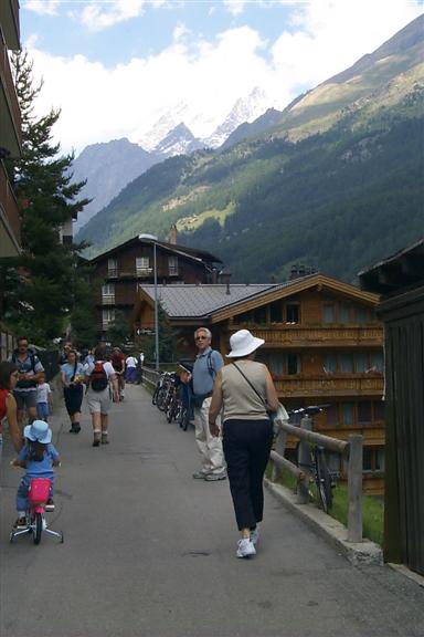 Here, looking the opposite direction, we walked to the end of Zermatt closest to the mountain and had some lunch, with the peak towering overhead.