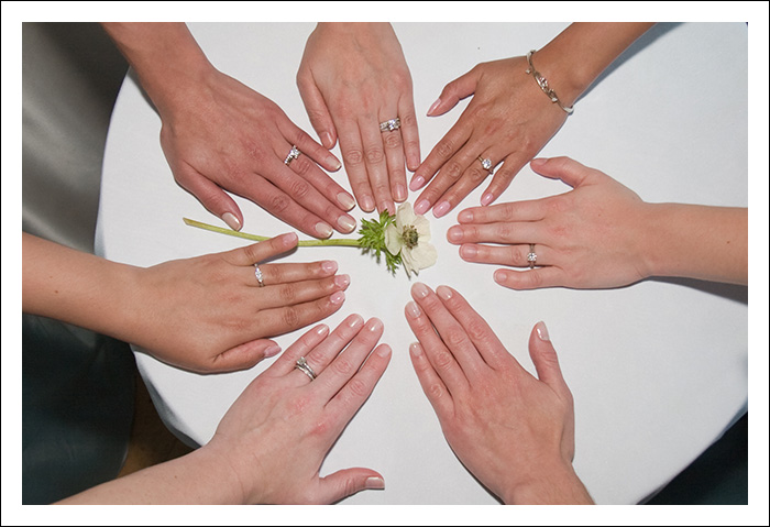 The rings... what has become a wedding tradition for the ladies... the showing of the ring fingers.  Current count: 7 hands, 6 engagement rings, 3 wedding rings.